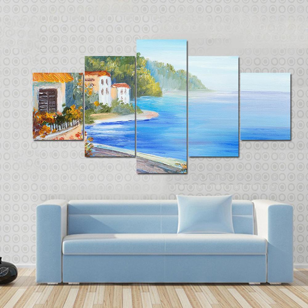 House Near The Sea Canvas Wall Art-5 Star-Gallery Wrap-62" x 32"-Tiaracle