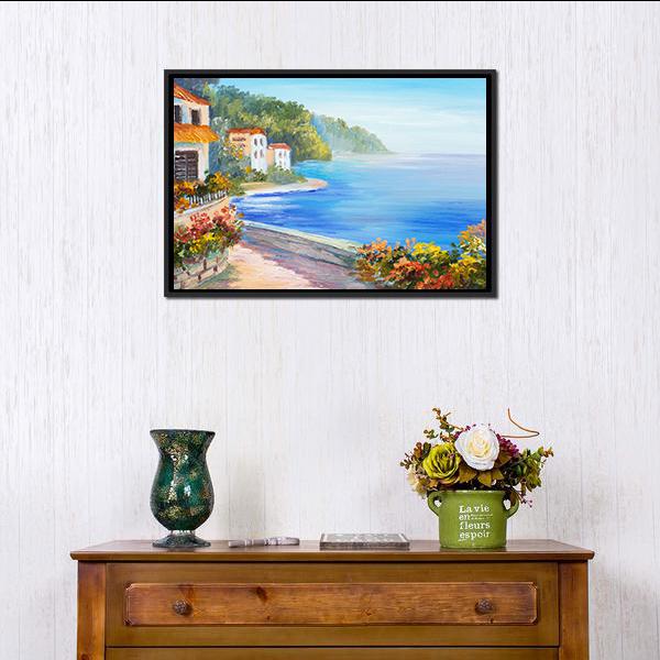 House Near The Sea Canvas Wall Art-1 Piece-Floating Frame-24" x 16"-Tiaracle