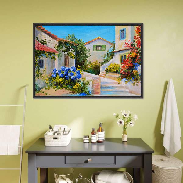 Houses Near The Sea Canvas Wall Art-1 Piece-Floating Frame-24" x 16"-Tiaracle