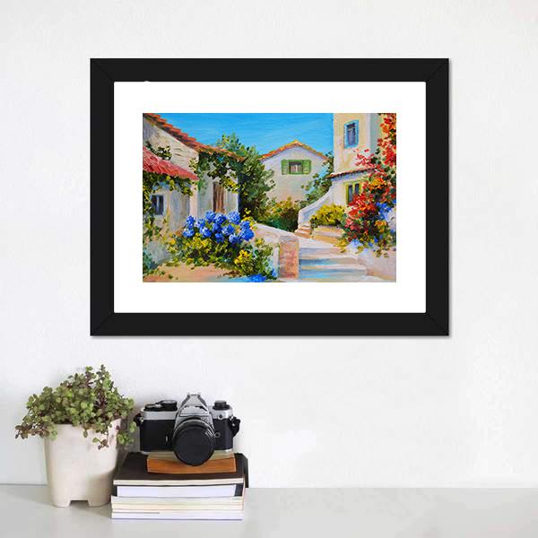 Houses Near The Sea Canvas Wall Art-1 Piece-Framed Print-20" x 16"-Tiaracle