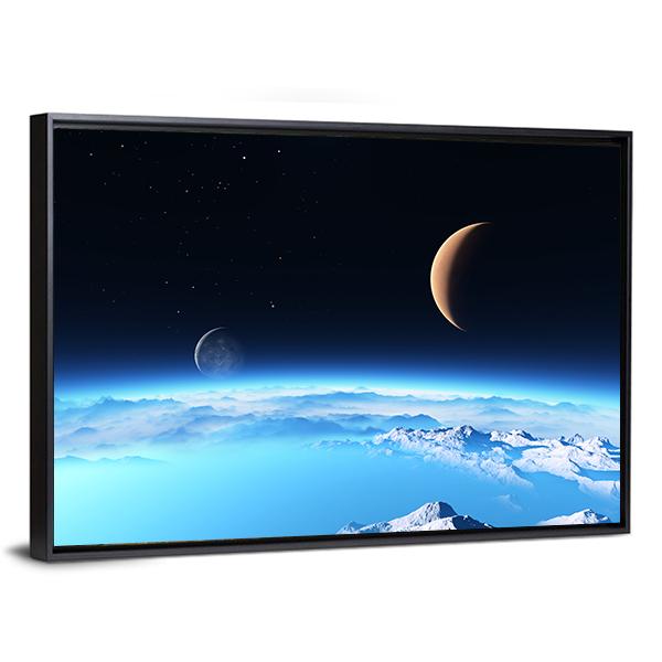 Icy Planet With A Moon Canvas Wall Art-3 Horizontal-Gallery Wrap-25" x 16"-Tiaracle