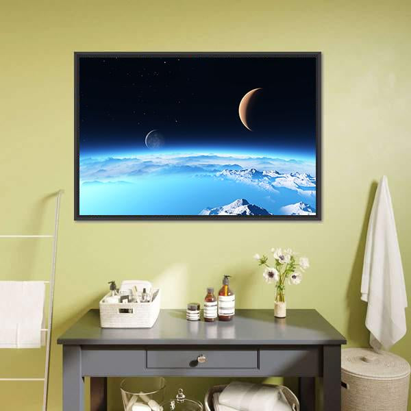 Icy Planet With A Moon Canvas Wall Art-1 Piece-Floating Frame-24" x 16"-Tiaracle