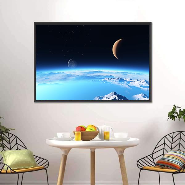 Icy Planet With A Moon Canvas Wall Art-3 Horizontal-Gallery Wrap-25" x 16"-Tiaracle