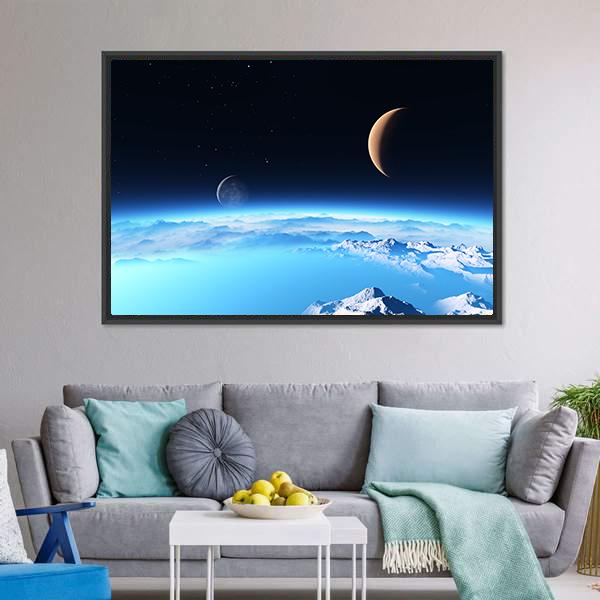 Icy Planet With A Moon Canvas Wall Art-3 Horizontal-Gallery Wrap-25" x 16"-Tiaracle