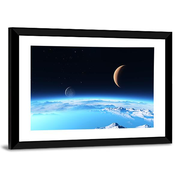 Icy Planet With A Moon Canvas Wall Art-3 Horizontal-Gallery Wrap-25" x 16"-Tiaracle