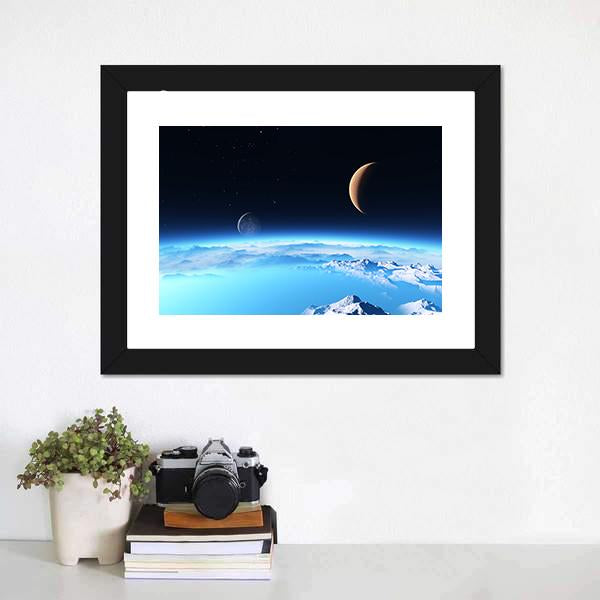 Icy Planet With A Moon Canvas Wall Art-1 Piece-Framed Print-20" x 16"-Tiaracle