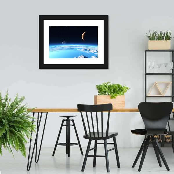 Icy Planet With A Moon Canvas Wall Art-3 Horizontal-Gallery Wrap-25" x 16"-Tiaracle