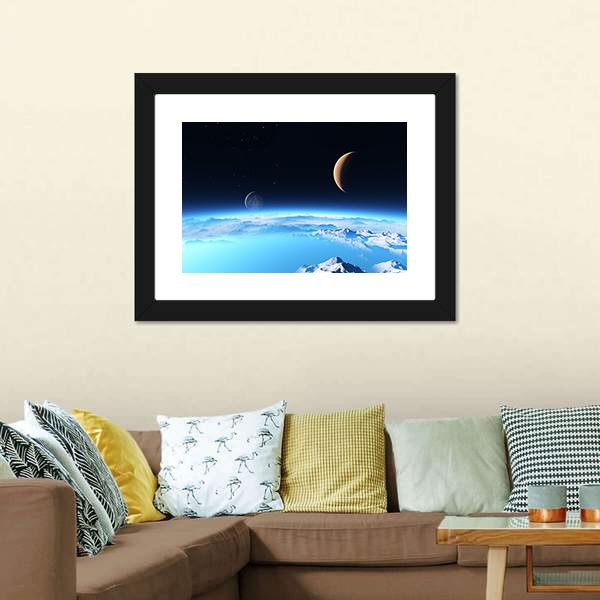 Icy Planet With A Moon Canvas Wall Art-3 Horizontal-Gallery Wrap-25" x 16"-Tiaracle