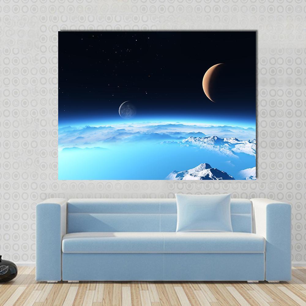 Icy Planet With A Moon Canvas Wall Art-1 Piece-Gallery Wrap-48" x 32"-Tiaracle