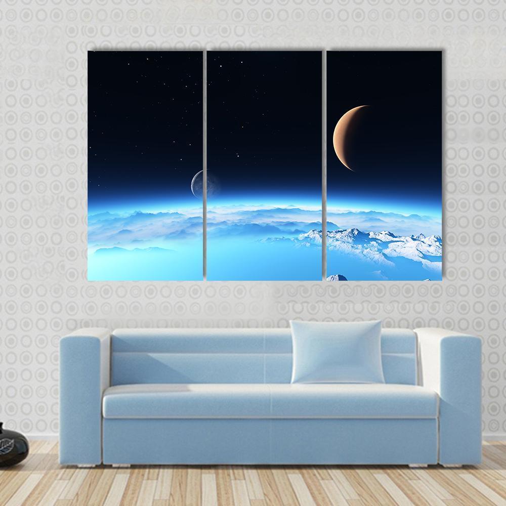 Icy Planet With A Moon Canvas Wall Art-3 Horizontal-Gallery Wrap-37" x 24"-Tiaracle