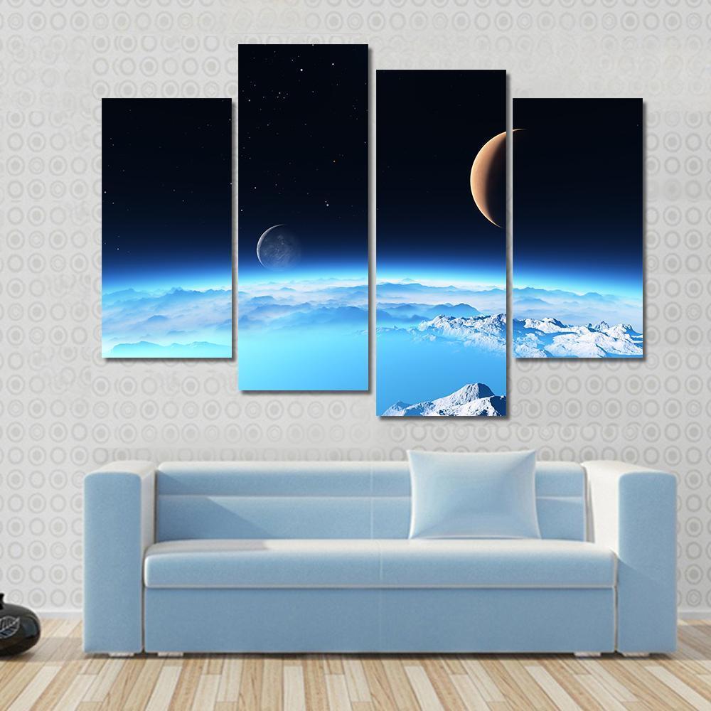 Icy Planet With A Moon Canvas Wall Art-4 Pop-Gallery Wrap-50" x 32"-Tiaracle