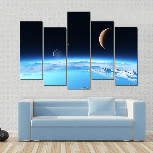 Icy Planet With A Moon Canvas Wall Art-5 Pop-Gallery Wrap-47" x 32"-Tiaracle