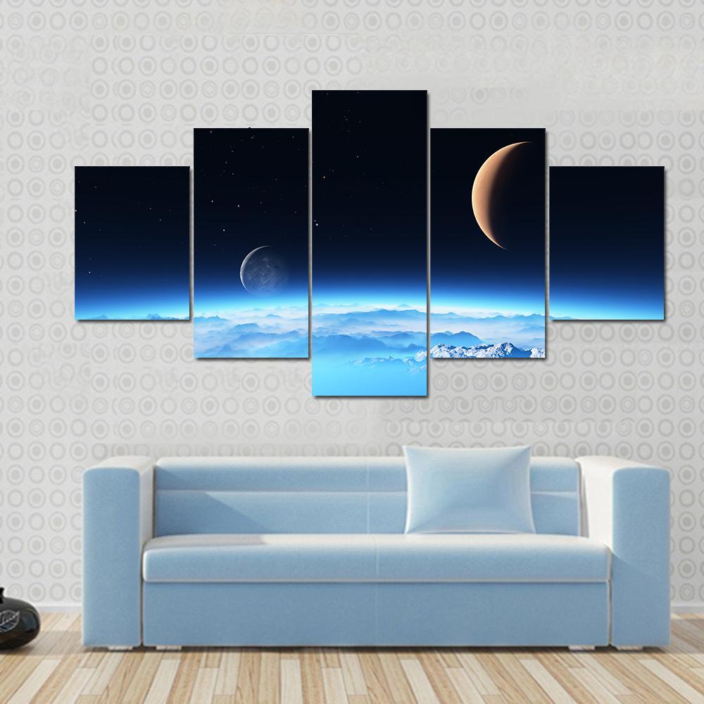 Icy Planet With A Moon Canvas Wall Art-5 Star-Gallery Wrap-62" x 32"-Tiaracle