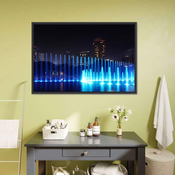 Illuminated Fountains Kuala Lumpur Canvas Wall Art-1 Piece-Floating Frame-24" x 16"-Tiaracle