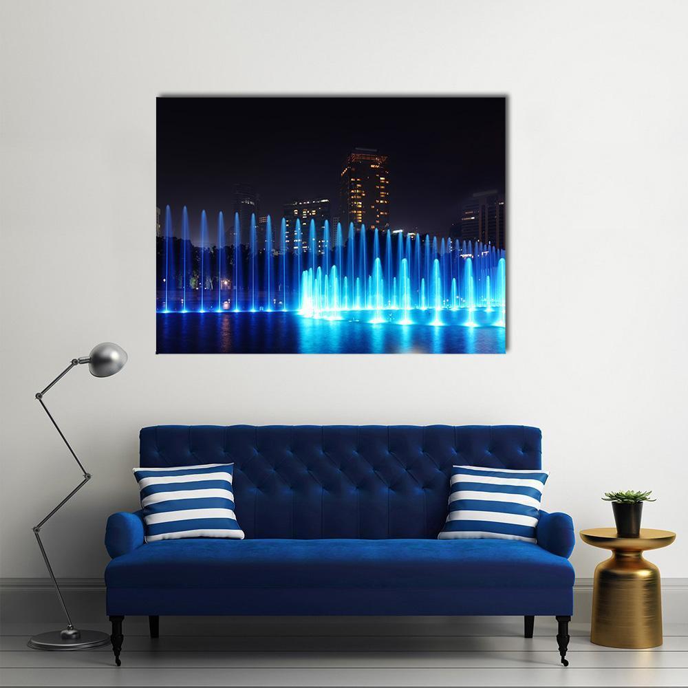 Illuminated Fountains Kuala Lumpur Canvas Wall Art-1 Piece-Gallery Wrap-48" x 32"-Tiaracle