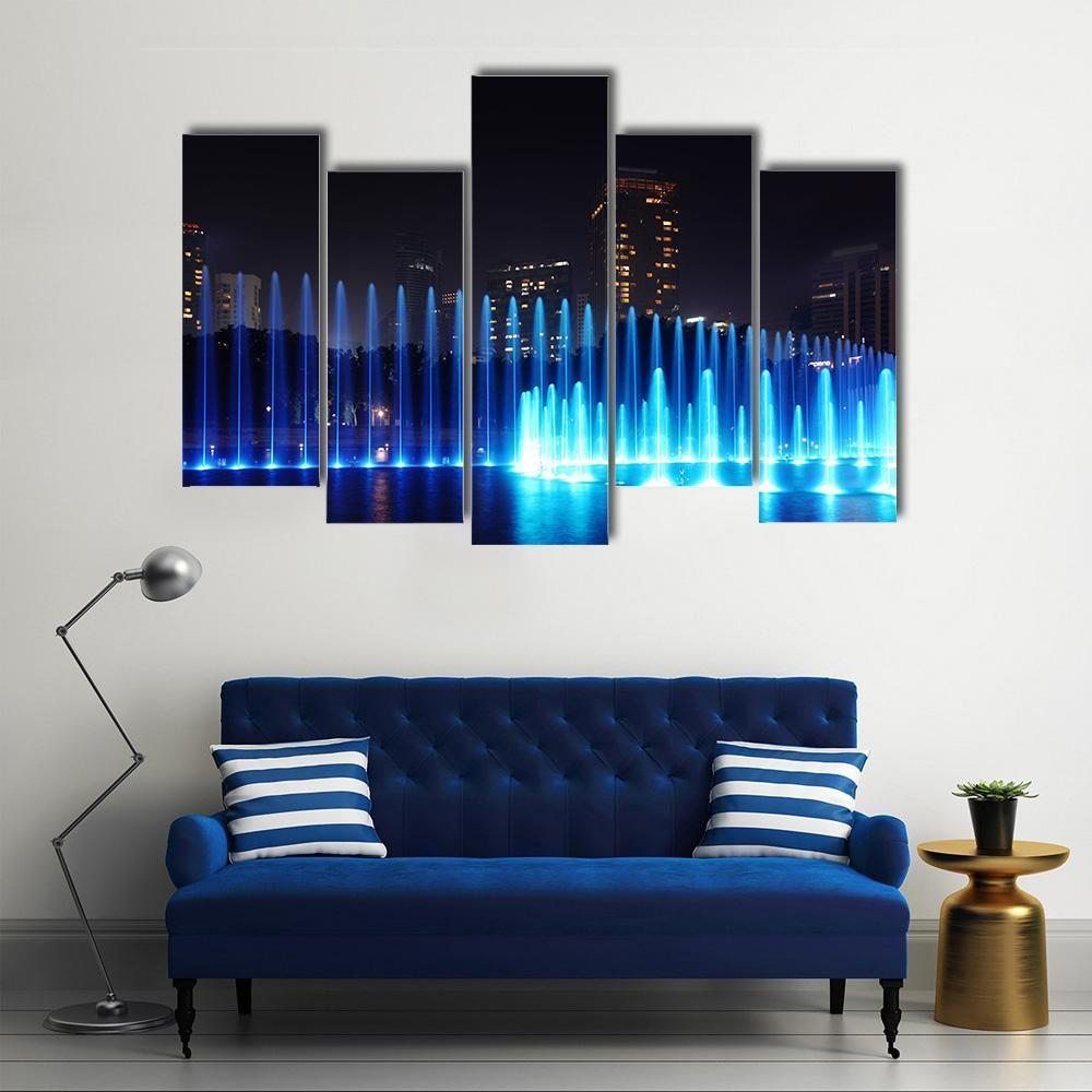 Illuminated Fountains Kuala Lumpur Canvas Wall Art-5 Pop-Gallery Wrap-47" x 32"-Tiaracle