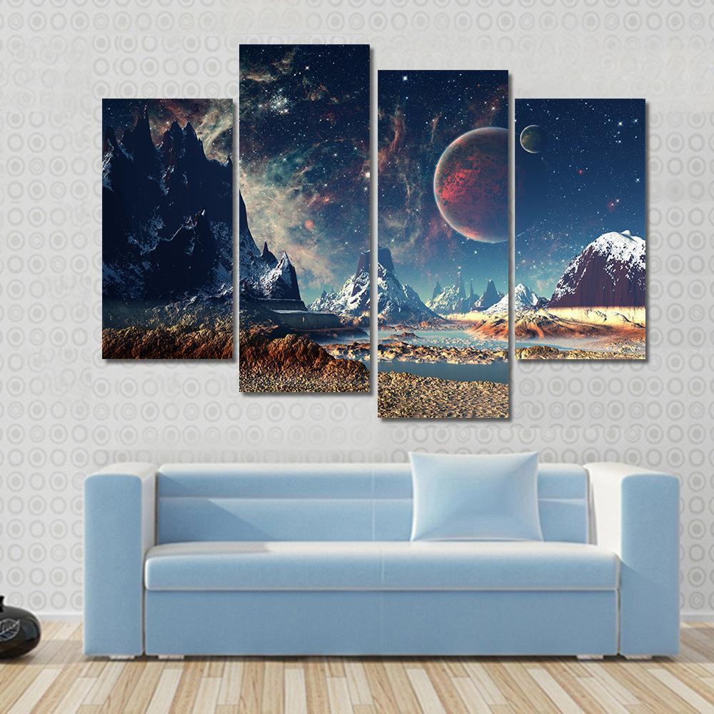 Illustration Of Big Planets With Icy Mountains Canvas Wall Art-4 Pop-Gallery Wrap-50" x 32"-Tiaracle