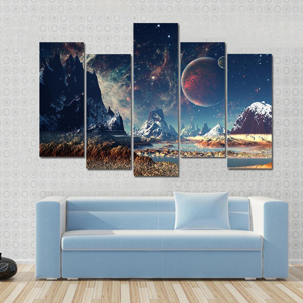 Illustration Of Big Planets With Icy Mountains Canvas Wall Art-5 Pop-Gallery Wrap-47" x 32"-Tiaracle