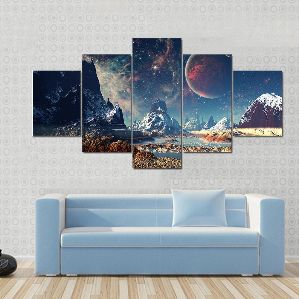 Illustration Of Big Planets With Icy Mountains Canvas Wall Art-5 Star-Gallery Wrap-62" x 32"-Tiaracle