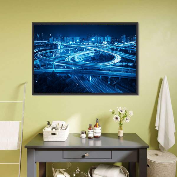 Interchange Overpass At Night Shanghai Canvas Wall Art-1 Piece-Floating Frame-24" x 16"-Tiaracle