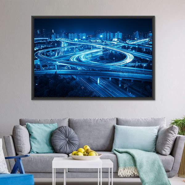 Interchange Overpass At Night Shanghai Canvas Wall Art-3 Horizontal-Gallery Wrap-25" x 16"-Tiaracle