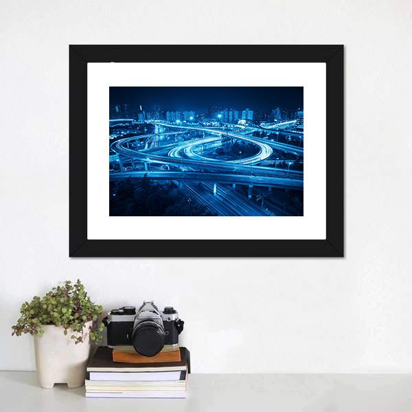 Interchange Overpass At Night Shanghai Canvas Wall Art-1 Piece-Framed Print-20" x 16"-Tiaracle