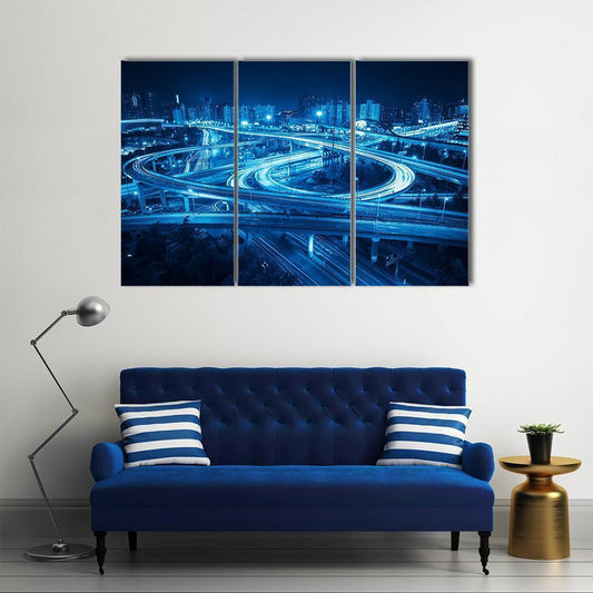 Interchange Overpass At Night Shanghai Canvas Wall Art-3 Horizontal-Gallery Wrap-37" x 24"-Tiaracle