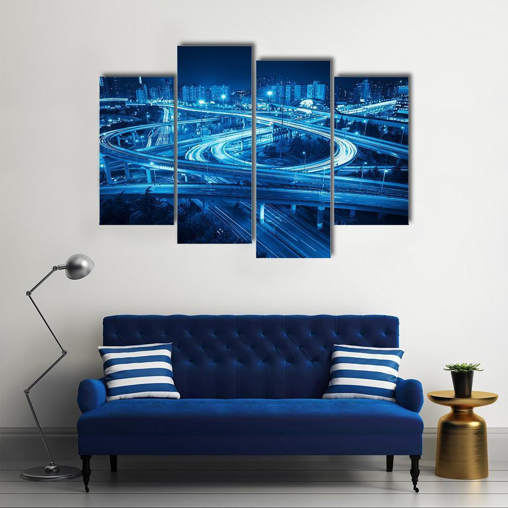 Interchange Overpass At Night Shanghai Canvas Wall Art-4 Pop-Gallery Wrap-50" x 32"-Tiaracle