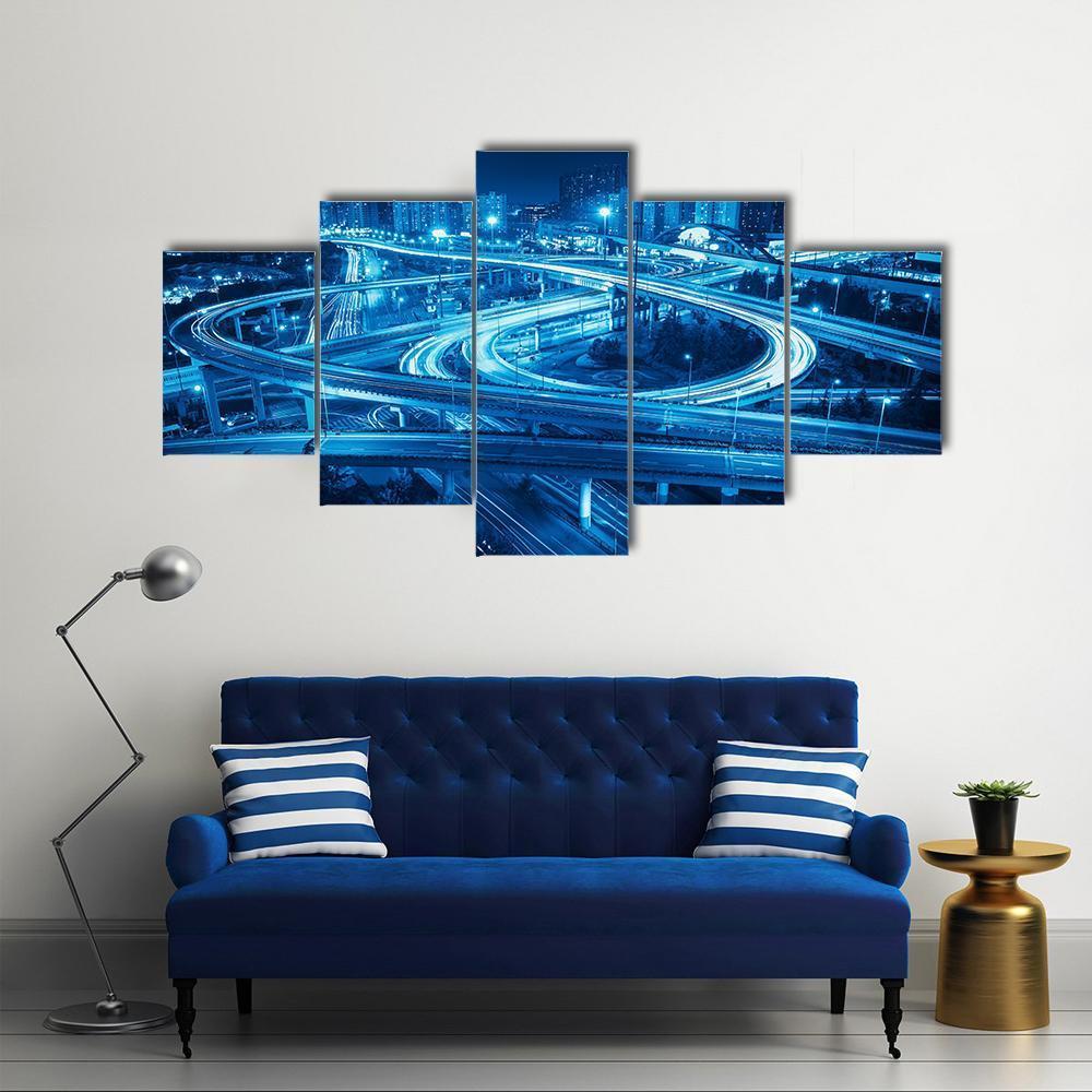 Interchange Overpass At Night Shanghai Canvas Wall Art-5 Star-Gallery Wrap-62" x 32"-Tiaracle