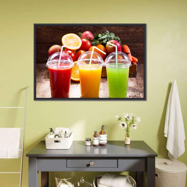 Juices With Fruits Canvas Wall Art-1 Piece-Floating Frame-24" x 16"-Tiaracle