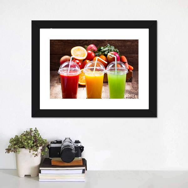 Juices With Fruits Canvas Wall Art-1 Piece-Framed Print-20" x 16"-Tiaracle