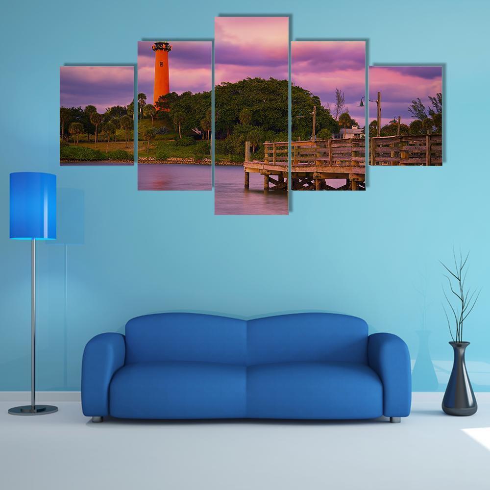 Jupiter Inlet Lighthouse Canvas Wall Art-5 Star-Gallery Wrap-62" x 32"-Tiaracle