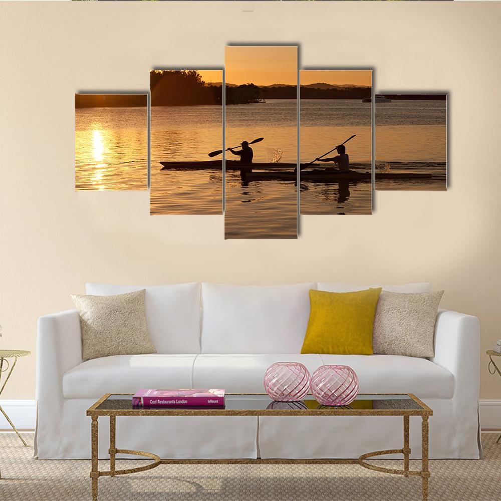 Kayak In Sea At Sunset Canvas Wall Art-5 Star-Gallery Wrap-62" x 32"-Tiaracle