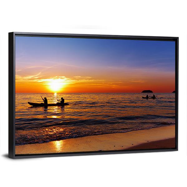 Kayakers At Sunset Canvas Wall Art-3 Horizontal-Gallery Wrap-25" x 16"-Tiaracle