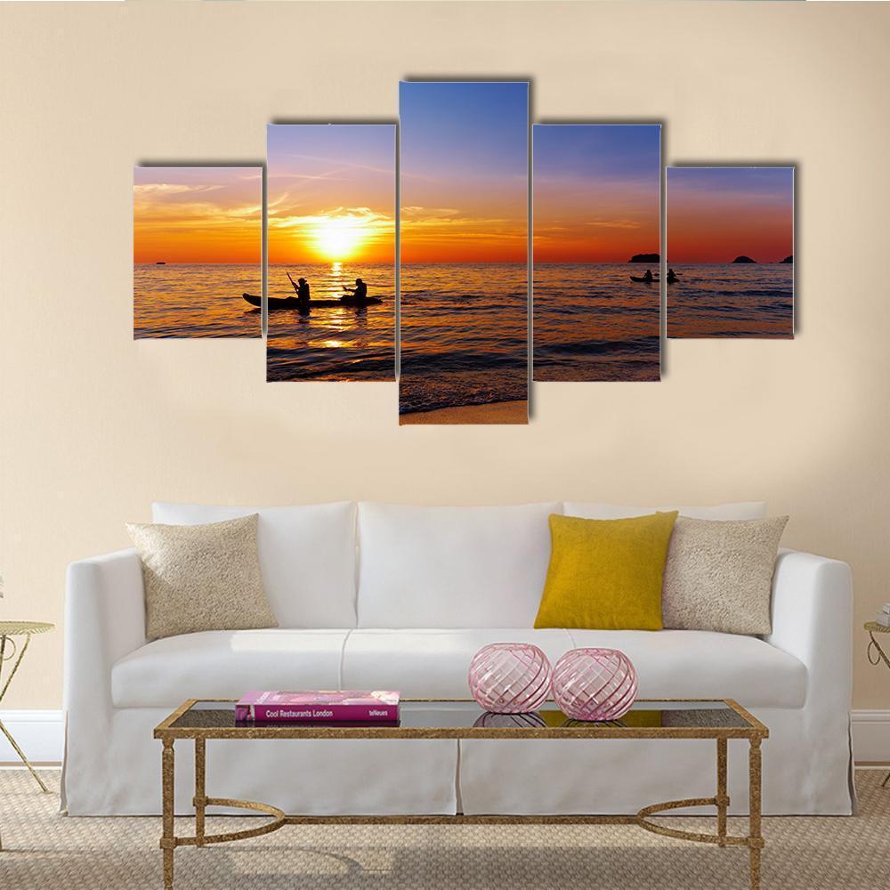 Kayakers At Sunset Canvas Wall Art-5 Star-Gallery Wrap-62" x 32"-Tiaracle