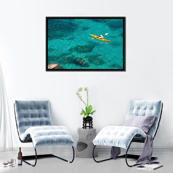 Kayaking In Green Water Canvas Wall Art-1 Piece-Floating Frame-24" x 16"-Tiaracle