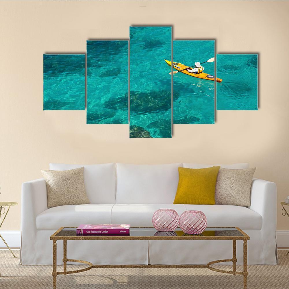 Kayaking In Green Water Canvas Wall Art-5 Star-Gallery Wrap-62" x 32"-Tiaracle