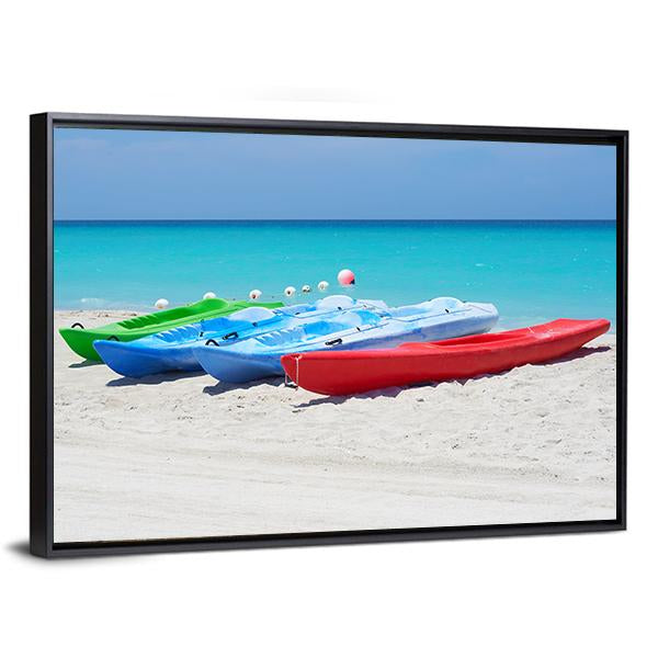 Kayaks On Beach Canvas Wall Art-3 Horizontal-Gallery Wrap-25" x 16"-Tiaracle