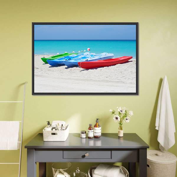 Kayaks On Beach Canvas Wall Art-1 Piece-Floating Frame-24" x 16"-Tiaracle