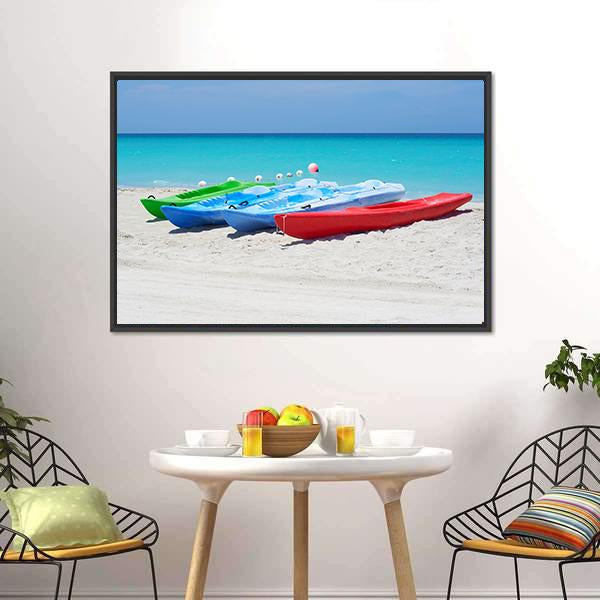 Kayaks On Beach Canvas Wall Art-3 Horizontal-Gallery Wrap-25" x 16"-Tiaracle