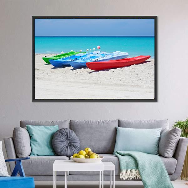 Kayaks On Beach Canvas Wall Art-3 Horizontal-Gallery Wrap-25" x 16"-Tiaracle