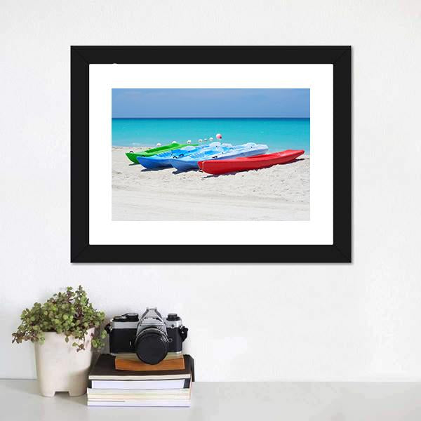 Kayaks On Beach Canvas Wall Art-1 Piece-Framed Print-20" x 16"-Tiaracle