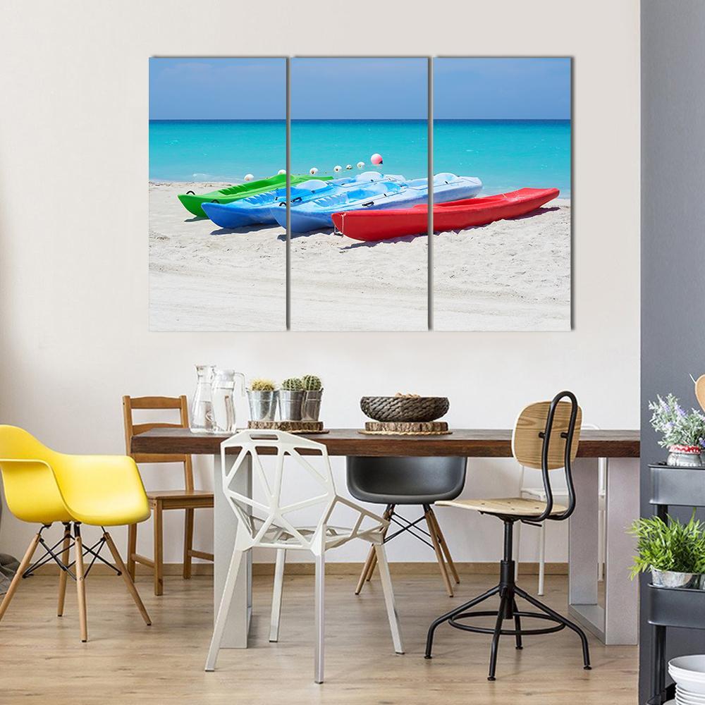 Kayaks On Beach Canvas Wall Art-3 Horizontal-Gallery Wrap-37" x 24"-Tiaracle