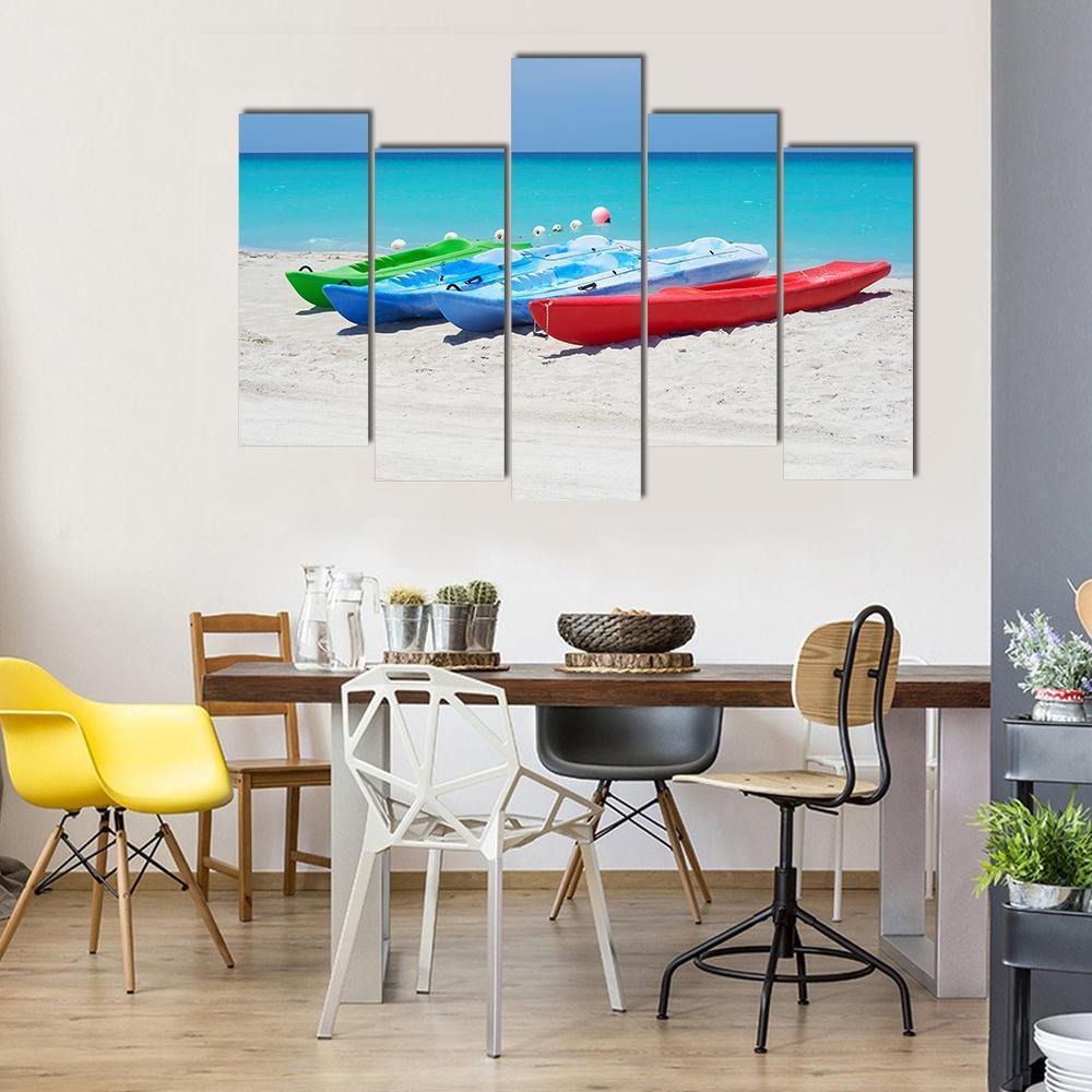 Kayaks On Beach Canvas Wall Art-5 Pop-Gallery Wrap-47" x 32"-Tiaracle