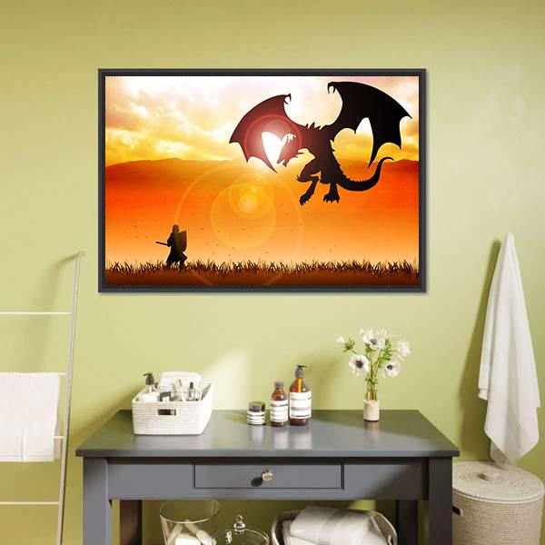 Knight Fighting A Dragon Canvas Wall Art-1 Piece-Floating Frame-24" x 16"-Tiaracle
