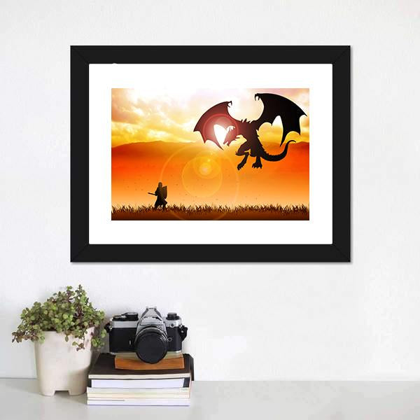 Knight Fighting A Dragon Canvas Wall Art-1 Piece-Framed Print-20" x 16"-Tiaracle