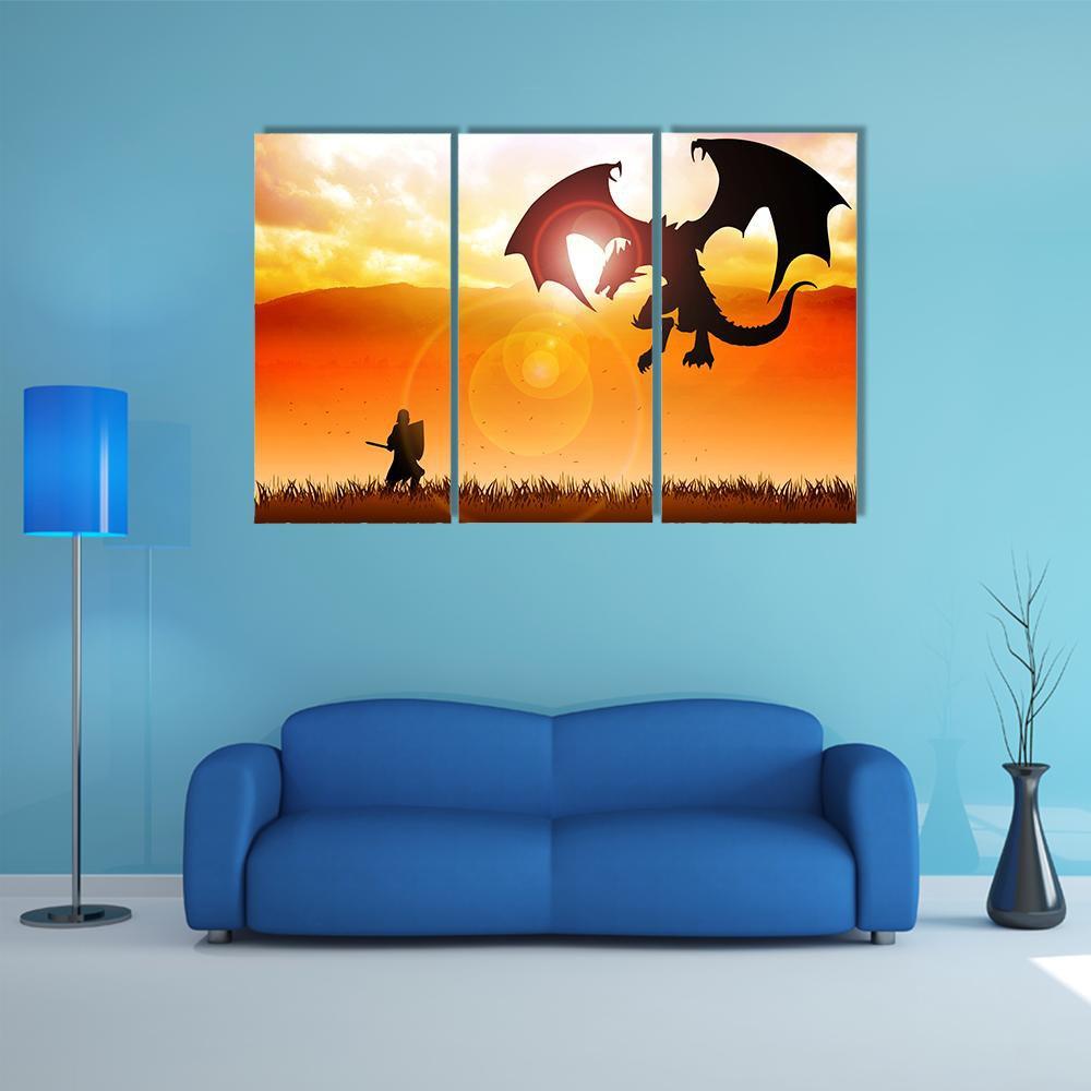 Knight Fighting A Dragon Canvas Wall Art-3 Horizontal-Gallery Wrap-37" x 24"-Tiaracle
