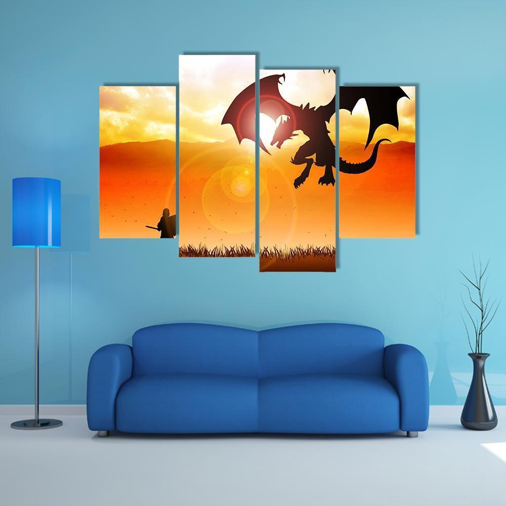 Knight Fighting A Dragon Canvas Wall Art-4 Pop-Gallery Wrap-50" x 32"-Tiaracle