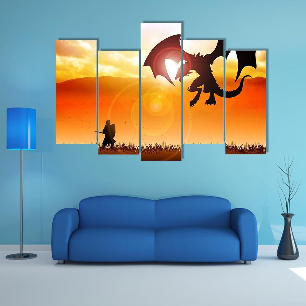 Knight Fighting A Dragon Canvas Wall Art-5 Pop-Gallery Wrap-47" x 32"-Tiaracle