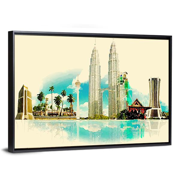 Kuala Lumpur City Illustration Canvas Wall Art-3 Horizontal-Gallery Wrap-25" x 16"-Tiaracle